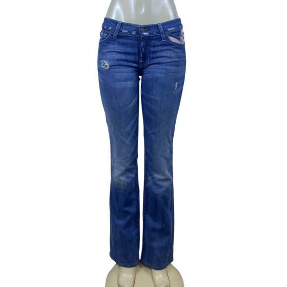 7 For All Mankind Womens Blue Cotton/Elastane Bootcut Jeans Distressed Size 28 - Picture 1 of 10